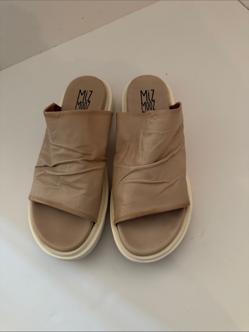Miz Mooz Beige Leather Ruched Slide Sandals with Cream Platform